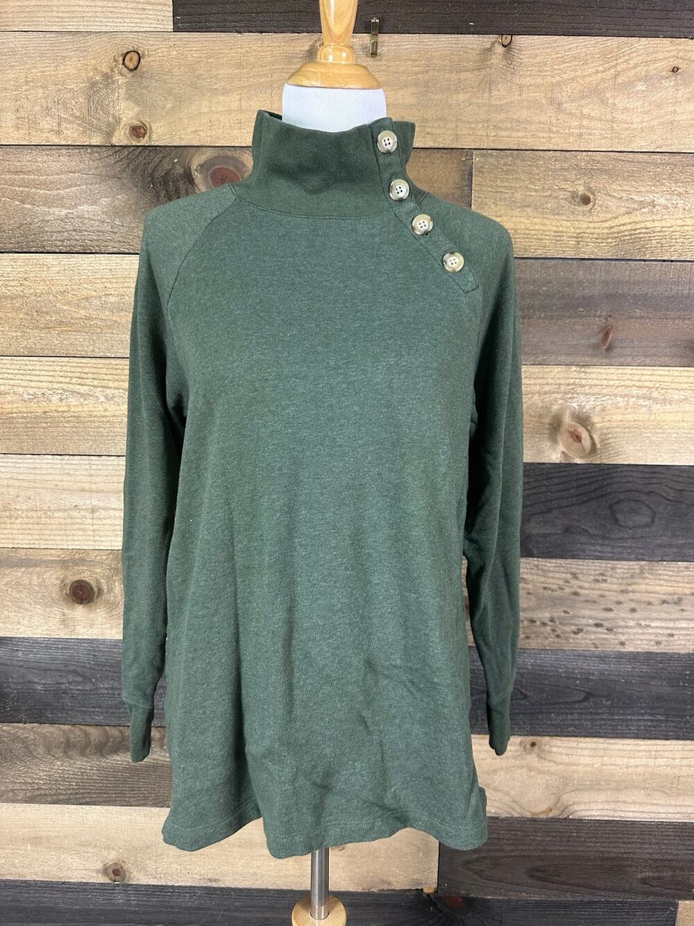 J. CREW Women’s Green Asymmetrical Button Mock Neck Tunic Sweatshirt Size M